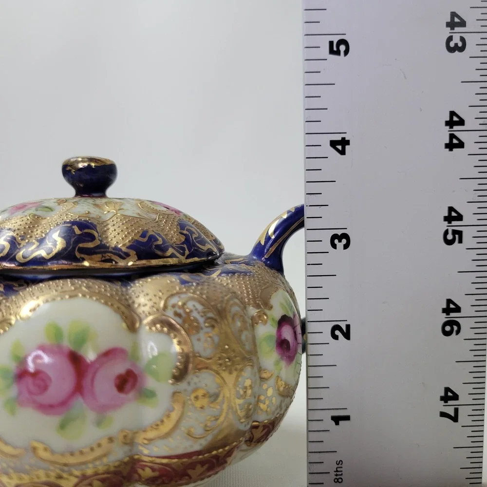 Antique Nippon Sugar Bowl Cobalt Blue Gold Moriage Hand Painted Roses Japan